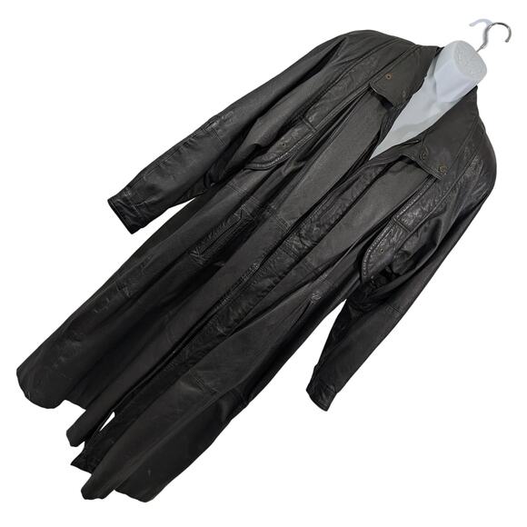 ANTONIO GIOVANNI! LUXE BLACK GENUINE LEATHER FULL LENGTH TRENCH COAT! SZ L - Picture 1 of 14